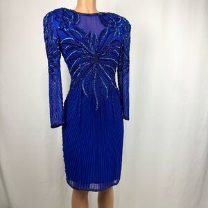 Vintage Black Tie Sz 6 Royal Blue Silk Heavily Beaded Cocktail Dress Long Sleeve